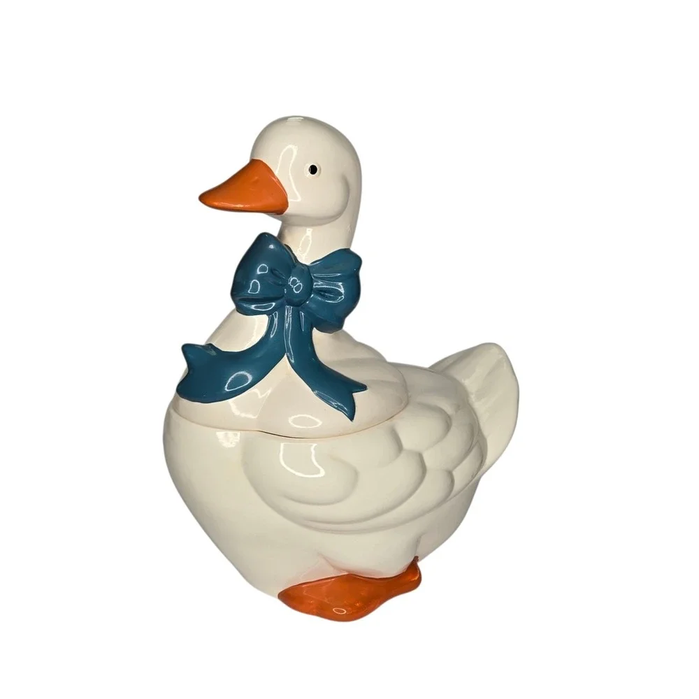 VTG Mother Goose Ceramic Cookie Jar Blue Ribbon Bow Orange Feet Cottagecore